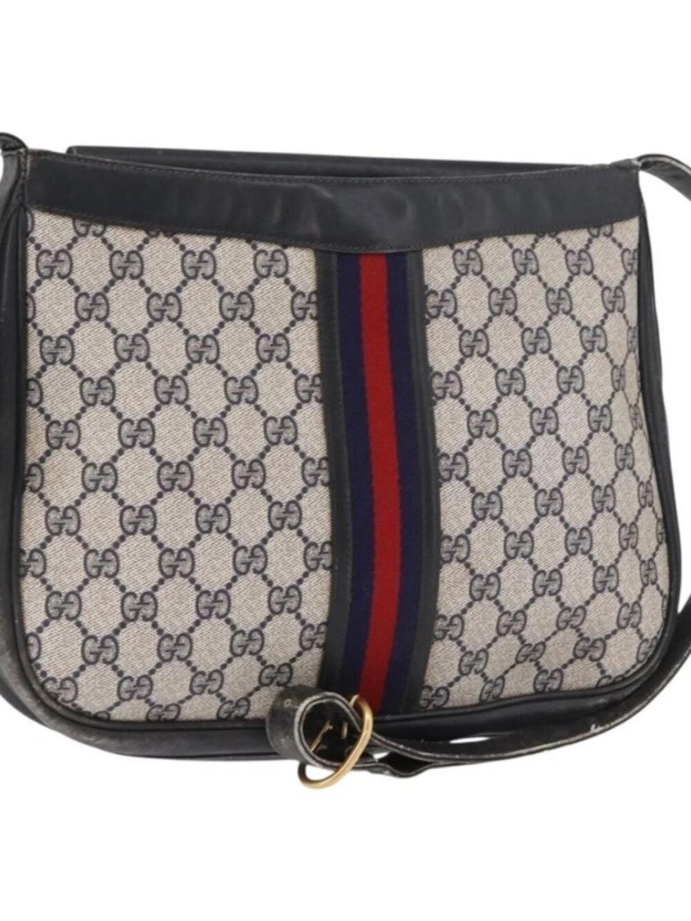 GUCCI GG Supreme Sherry Line Shoulder Bag PVC Navy Gold Auth 183657